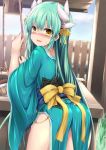  :d aqua_kimono ass blush bow bucket day fate/grand_order fate_(series) fence green_hair horns japanese_clothes kimono kiyohime_(fate/grand_order) long_hair long_sleeves looking_at_viewer open_mouth outdoors pelvic_curtain pulling sen_(astronomy) smile solo sweat thighs well yellow_bow yellow_eyes 