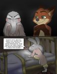  angry anthro bed bed_sheet bedding black_fur blush canine claws clothing comic disney duo english_text eyes_closed female fox fur gloves_(marking) green_eyes grey_fur half_naked hi_res inner_ear_fluff judy_hopps lagomorph lidded_eyes long_ears male mammal markings nick_wilde on_bed open_mouth orange_fur paws pillow pink_nose predator/prey progressoftomorrow purple_eyes rabbit simple_background size_difference smile stool text white_fur yellow_fur zootopia 