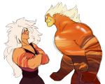  alien angry breasts buyakasha cartoon_network cleavage clothed clothing crossed_arms crossover duo female gem_(species) grin hair jasper_(steven_universe) larger_male male mune:_the_guardian_of_the_moon orange_eyes simple_background size_difference smaller_female smile sohone steven_universe unknown_species white_background white_hair 