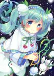  aqua_hair bangs blue_eyes blush bunny capelet earrings flower fur-trimmed_capelet fur_trim green_neckwear hair_flower hair_ornament hairband hatsune_miku holding holding_flower jewelry lily_of_the_valley long_hair long_sleeves looking_at_viewer neck_ribbon ribbon shiki_hinako skirt smile snowflake_print snowing treble_clef twintails vocaloid white_flower yuki_miku yukine_(vocaloid) 