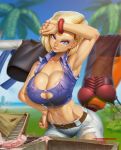  1girl android_18 blonde_hair blue_eyes blush breasts bursting_breasts cleavage commission dragon_ball dragonball_z earrings eyeliner jewelry lips long_legs looking_at_viewer makeup midriff no_bra pants shirt sleeveless sleeveless_shirt taboolicious upper_body 