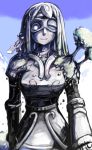  1girl armor breastplate closed_mouth debris doguu faulds giant giantess goggles golem green_hair grey_skin holding idon monster_girl on_shoulder one_eye_closed original scroll smile tree 