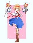  ;) alice_margatroid bangs blonde_hair blue_eyes blush boots bow bowtie brown_footwear capelet eyebrows_visible_through_hair full_body green_eyes hair_between_eyes hair_bow hairband highres holding holding_shield holding_weapon inon long_hair long_sleeves looking_at_viewer multiple_girls one_eye_closed polearm red_bow red_neckwear shanghai_doll shield shoes short_hair smile spear standing touhou weapon 