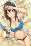  ;d armpits bare_shoulders beach_volleyball bikini_bottom blue_eyes breasts brown_hair cleavage collarbone groin kureha_(ironika) navel one_eye_closed open_mouth original smile solo sports_bra sweat tsubasa_(kureha) volleyball volleyball_net 