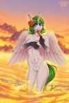  2018 5_fingers anthro beach blue_eyes cloud covering covering_breasts cute dessert dripping eating equine eyelashes fan_character feathered_wings feathers female flower flower_in_hair food fur green_hair hair hi_res holding_food holding_object horn inner_ear_fluff licking looking_at_viewer mammal margony my_little_pony navel nude outside plant popsicle portrait pose princess_margarita pussy seaside sky smile solo standing sunset three-quarter_portrait tongue tongue_out water wet white_feathers winged_unicorn wings 