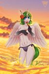  2018 5_fingers anthro beach bikini blue_eyes chest_tuft clothed clothing cloud covering covering_breasts cute dessert dripping eating equine eyelashes fan_character feathered_wings feathers female flower flower_in_hair food fur green_hair hair hi_res holding_food holding_object horn inner_ear_fluff licking looking_at_viewer mammal margony my_little_pony navel outside panties plant popsicle portrait pose princess_margarita seaside sky smile solo standing stripes sunset swimsuit three-quarter_portrait tongue tongue_out topless tuft underwear water wet white_feathers winged_unicorn wings 