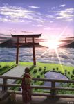  2018 absurdres animal brown_hair chinese_zodiac cloud dog highres japanese_clothes kimono looking_away onita original outdoors pond railing scenery short_hair sky sunset torii year_of_the_dog 