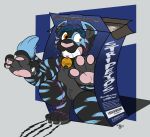  ! 2018 4_fingers 4_toes absurd_res anthro bell black_fur blue_fur blue_hair cat cereal claws collar digital_drawing_(artwork) digital_media_(artwork) dipstick_tail english_text featureless_crotch feline food fur green_collar hair hi_res hindpaw kehei magic male mammal markings multicolored_fur multicolored_tail nude orange_eyes pawpads paws pink_nose sige simple_background solo striped_fur striped_tail stripes teeth text toe_claws toes toony transformation two_tone_fur two_tone_tail 
