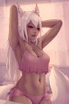  animal_ears armpits arms_up breasts camisole cleavage commission dark_skin day large_breasts lips long_hair midriff navel original panties parted_lips red_eyes solo soranamae standing tail underwear white_hair window wolf_ears wolf_tail 