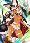  beltbra breasts bukurote cape clover colored_eyelashes creature dark_skin four-leaf_clover guilty_gear guilty_gear_xrd hat large_breasts looking_at_viewer navel open_mouth orange_eyes platinum_blonde_hair ramlethal_valentine short_hair short_shorts shorts solo sword thigh_strap thighs underboob weapon 