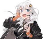  :d absurdres black_dress black_jacket blue_eyes bob_(biyonbiyon) bracelet braid breasts cleavage commentary_request dress eyes grey_hair hair_ornament hand_up headphones highres jacket jewelry kizuna_akari large_breasts long_hair long_sleeves microphone open_clothes open_jacket open_mouth simple_background sleeves_past_wrists smile solo upper_body vocaloid white_background 