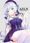  alternate_costume aqua_neckwear arm_support artist_name azur_lane bangs belt blue_eyes blush breasts buckle character_name closed_mouth commentary_request eyebrows_visible_through_hair eyes_visible_through_hair grey_background hair_ornament hair_ribbon hat head_tilt highres illustrious_(azur_lane) komazuki_(komaworks240) large_breasts long_hair looking_at_viewer low_ponytail mole mole_under_eye neck_ribbon pleated_skirt ponytail ribbon sailor_collar school_uniform short_sleeves sidelocks sitting skirt smile solo thighhighs thighs tress_ribbon white_hair white_legwear 