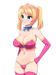  ahoge bad_id bad_pixiv_id blonde_hair blue_choker blue_eyes blue_neckwear blush bow bowtie bra breasts choker closed_mouth commentary_request contrapposto cowboy_shot elbow_gloves eyebrows_visible_through_hair gloves hand_on_hip large_breasts navel original panties pink_bra pink_gloves pink_panties short_hair simple_background smile solo standing totokichi twintails underwear white_background 