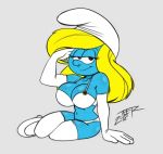  big_breasts blonde_hair blue_skin breasts clothing female gloves hair hat humanoid legwear not_furry simple_background smurf smurfette stockings teer the_smurfs white_background 