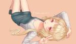  :o aloniar bare_legs blonde_hair breasts cleavage full_body long_hair long_sleeves looking_at_viewer lying on_back open_mouth original overall_shorts overalls pink_eyes red_eyes shorts twintails v 