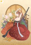 black_ribbon breasts brown_hair cleavage dress dsr-50_(girls_frontline) flower girls_frontline gun korean_clothes large_breasts long_hair long_skirt looking_at_viewer neck_ribbon red_dress red_eyes red_ribbon red_skirt ribbon rifle skirt sniper_rifle traditional_clothes tying_hair vcntkm weapon white_ribbon 