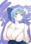  alternate_costume areola_slip areolae between_breasts blue_eyes blue_hair blush breasts cirno frown huge_breasts ice ice_wings off_shoulder ribbon sinzan sketch strap_slip touhou undressing wings 