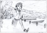  :d anchor black_border boat boots border colored_pencil_(medium) dated dress graphite_(medium) greyscale hat highres kantai_collection ladder long_sleeves monochrome neckerchief open_mouth outdoors pantyhose pier pink_x running sailor_collar sailor_dress short_hair sidelocks smile solo tokitsukaze_(kantai_collection) traditional_media tree watercraft 