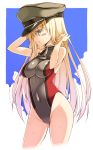  adapted_costume alternate_costume anchor bismarck_(kantai_collection) blonde_hair blush breasts competition_swimsuit covered_navel green_eyes hat highleg highleg_swimsuit highres kantai_collection large_breasts long_hair looking_at_viewer military_hat one-piece_swimsuit oota_yuuichi smile solo swimsuit 