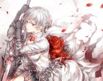  asymmetrical_hair blue_eyes breasts burnt_clothes dr. dress flower gloves hair_ornament looking_at_viewer petals rose silver_hair sinoalice skirt snow_white_(sinoalice) solo sword weapon 