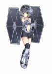  bangs bare_shoulders black_skirt commentary_request eyebrows_visible_through_hair full_body green_eyes grey_hair highres inon looking_at_viewer mecha_musume navel over-kneehighs parted_lips personification pleated_skirt short_hair simple_background skirt solo star_wars thighhighs tie_fighter white_background 