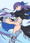  arm_belt black_dress blue_eyes blue_ribbon blush boots commentary crotch_plate dress eyebrows_visible_through_hair fate/extra fate/extra_ccc fate_(series) hair_ribbon haoni long_hair long_sleeves looking_at_viewer meltlilith navel parted_lips purple_hair revealing_clothes ribbon sketch sleeves_past_fingers sleeves_past_wrists smile solo spikes standing standing_on_one_leg tied_sleeves very_long_hair 