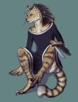  anthro avian black_lips brown_eyes cheek_tuft claws clothed clothing creepingthistle dress ear_piercing feathers feline female flat_chested freckles fur hel_jumper hindpaw hybrid knife mammal paws piercing plantigrade sitting solo striped_fur stripes talons toe_claws tuft veera_(hel_jumper) whiskers 