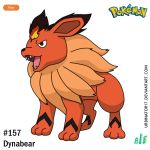  brown_hair character_name creature dynabear fangs fire full_body logo no_humans number open_mouth pokemon pokemon_(creature) pokemon_gsc_beta signature solo standing urbinator17 watermark web_address 