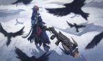  animal_ears bird blurry_foreground brown_hair cat_ears cat_tail commentary commission facial_hair facial_mark final_fantasy final_fantasy_xiv fingerless_gloves from_above from_behind gloves gun highres holding holding_gun holding_weapon long_coat machinist_(final_fantasy) male_focus miqo'te motion_blur nguyen_uy_vu outdoors red_eyes shadow snow solo spiked_hair standing tail weapon 
