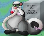  2018 absurd_res animate_inanimate anthro black_fur digital_drawing_(artwork) digital_media_(artwork) english_text featureless_crotch fur hair hi_res isf jazzotter jewelry kehei living_plush male mammal markings multicolored_fur mustelid muzzle_(object) muzzled necklace nude open_mouth otter simple_background skunk solo spiral spiral_eyes tape_muzzle text transformation white_fur white_hair 