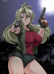  absurdres bangs blonde_hair breasts closed_mouth commentary_request covered_nipples cowboy_shot dual_wielding eyebrows_visible_through_hair fingerless_gloves framed_breasts gloves gun hair_between_eyes handgun highres holding holding_gun holding_weapon jacket long_hair madlax madlax_(character) moon night night_sky open_clothes open_jacket pistol purple_eyes red_shirt saizu_nitou_gunsou shirt shorts sig_sauer sig_sauer_p210 sky solo standing star_(sky) starry_sky weapon 