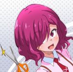  alternate_hairstyle bangs blush commentary eyebrows_visible_through_hair hair_over_one_eye holding holding_scissors hugtto!_precure l'avenir_academy_uniform long_hair long_sleeves looking_at_viewer necktie nono_hana open_mouth pink_eyes pink_hair pink_shirt polka_dot polka_dot_background portrait precure red_neckwear school_uniform scissors shirotae_(robamimi) shirt short_hair solo suspenders 