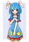  animal_ears bangs blush bunny_ears commentary_request covered_navel cowboy_shot crescent dress highres inon long_hair looking_at_viewer multi-tied_hair open_mouth red_eyes seiran_(touhou) short_sleeves solo star sweat touhou twintails 