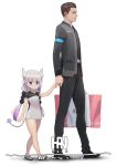  1girl absurdres android beads brown_eyes brown_hair connor_(detroit) crossover detroit:_become_human dragon_horns dragon_tail expressionless eyebrows_visible_through_hair gradient_hair hair_beads hair_ornament han-0v0 height_difference highres holding_finger horns jacket kanna_kamui kobayashi-san_chi_no_maidragon lavender_hair looking_at_another looking_at_viewer low_twintails multicolored_hair namesake necktie tail twintails walking white_background 