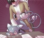  2018 a_cat_is_fine_too all_fours blush canine chair cum desk doggystyle dominic_armois drooling eyewear feline female from_behind_(disambiguation) from_behind_position glameow glasses gradient_background looking_pleasured lycanroc male male/female mammal midnight_lycanroc nintendo paper pinned pok&eacute;mon pok&eacute;mon_(species) rymherdier ryn_purrawri saliva sex simple_background tail_grab video_games wanderlust 