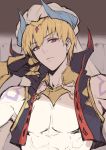  bare_shoulders blonde_hair circlet closed_mouth commentary_request fate/grand_order fate_(series) gauntlets gilgamesh gilgamesh_(caster)_(fate) hand_up haoni horns looking_at_viewer male_focus red_eyes sketch solo tattoo turban upper_body 
