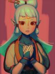 1girl bangs bellhenge brown_eyes facial_mark hair_ornament hair_rings hands_clasped image_sample long_hair looking_at_viewer own_hands_together paya_(zelda) pointy_ears solo the_legend_of_zelda the_legend_of_zelda:_breath_of_the_wild traditional_clothes tumblr_sample turtleneck white_hair 