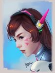  asian bangs black_eyes blue_background bodysuit brown_hair d.va_(overwatch) eyebrows eyelashes facepaint facial_mark headphones lipstick long_hair looking_to_the_side makeup nose overwatch parted_lips peter_xiao pilot_suit portrait profile red_lipstick signature solo swept_bangs whisker_markings 