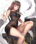  alternate_costume armpits bangs bare_shoulders black_dress blunt_bangs blush bottle breasts brown_hair champagne_flute commentary_request cup dress drinking_glass dsr-50_(girls_frontline) feathers girls_frontline gold_footwear hair_over_shoulder half-closed_eyes hand_on_thigh high_heels highres holding holding_cup knee_up large_breasts lens_flare lipstick_mark long_hair looking_at_viewer red_eyes sidelocks sitting skindentation smile solo sparkle thigh_strap thighs yusan 