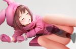  1girl blush bottomless brown_hair censored eyebrows_visible_through_hair eyes_closed ginhaha gloves hat hoodie llenn_(sao) long_sleeves lying mosaic_censoring on_side open_mouth penis pink_gloves pink_hat pussy pussy_juice saliva sex simple_background solo_focus sword_art_online sword_art_online_alternative:_gun_gale_online teeth vaginal 