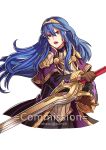  blue_eyes blue_hair cloak cosplay falchion_(fire_emblem) fire_emblem fire_emblem:_kakusei gloves gzei holding holding_sword holding_weapon long_hair looking_at_viewer lucina male_my_unit_(fire_emblem:_kakusei) my_unit my_unit_(cosplay) my_unit_(fire_emblem:_kakusei) simple_background solo sword tiara watermark weapon white_background 