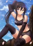  arm_up bangs bare_shoulders black_bra black_gloves black_hair black_legwear blue_eyes blue_sky bra breasts cleavage cloud collarbone commentary day elbow_gloves eyebrows_visible_through_hair facial_tattoo gloves grey_shorts hair_between_eyes high_ponytail highres kazenokaze long_hair looking_at_viewer medium_breasts outdoors parted_lips petals pitohui_(sao) ponytail short_shorts shorts sitting sky solo sports_bra sword_art_online sword_art_online_alternative:_gun_gale_online tattoo thighhighs underwear 
