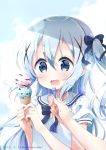 bangs black_bow blue_eyes blue_hair blush bow commentary_request dated double_scoop eyebrows_visible_through_hair feeding fingernails food frilled_sailor_collar frills gochuumon_wa_usagi_desu_ka? hair_between_eyes hair_bow hair_ornament hands_up holding holding_food holding_spoon ice_cream ice_cream_cone ice_cream_spoon kafuu_chino long_hair neki_(wakiko) nose_blush open_mouth out_of_frame pov_feeding puffy_short_sleeves puffy_sleeves sailor_collar shirt short_sleeves sidelocks solo_focus spoon twitter_username two_side_up very_long_hair white_sailor_collar white_shirt x_hair_ornament 