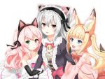  animal_ear_fluff animal_ears arm_hug bare_shoulders bell black_dress blonde_hair blue_eyes cat_ears commentary detached_sleeves double_arm_hug dress empty_eyes fake_animal_ears fangs fox_ears fox_tail geso_(nekomachi) girl_sandwich gloves hair_ornament hairband hairclip heterochromia jingle_bell kemomimi_oukoku_kokuei_housou long_hair mikoko_(kemomimi_oukoku_kokuei_housou) multiple_girls navel nora_cat nora_cat_channel odd_ai oddai open_clothes open_mouth open_shirt pink_hair pink_shirt red_eyes red_skirt sandwiched shirt silver_hair skirt smile strapless strapless_dress tail twintails upper_body white_dress white_gloves 