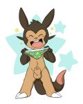  2018 4_fingers animal_genitalia anthro balls big_head blush brown_fur chespin clothing cub digital_media_(artwork) eyes_closed fur happy holding_object holding_underwear male navel nintendo oob open_mouth open_smile penis penis_tip pink_nose pok&eacute;mon pok&eacute;mon_(species) sheath simple_background smile solo standing thick_tail underwear video_games young 