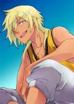  asuto_(rooftop) blonde_hair blue_sky chain charaleet_(precure) gold_chain gyaruo hugtto!_precure long_hair looking_at_viewer male_focus open_mouth precure shirt silver_eyes sitting sky smile solo tank_top yellow_shirt 