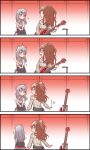  4koma :3 bang_dream! bangs black_skirt blush brown_hair center_frills comic earrings electric_guitar embarrassed grey_hair grey_sweater guitar guitar_stand half_updo hands_on_lap highres holding holding_instrument imai_lisa indoors instrument jewelry kyou_(user_gpks5753) long_hair long_sleeves looking_at_another minato_yukina motion_blur multiple_girls off-shoulder_sweater pendant ribbed_sweater silent_comic sitting skirt sweatdrop sweater trembling white_neckwear 