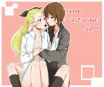  arm_grab assam bangs black_legwear black_skirt blonde_hair blue_eyes breast_grab brown_eyes brown_hair chocolate commentary_request dress_shirt english food_in_mouth girls_und_panzer giving grabbing grey_shirt hair_pulled_back hair_ribbon hand_in_hair happy_valentine imminent_kiss kuromorimine_school_uniform long_hair long_sleeves mouth_hold multiple_girls naked_shirt nishizumi_maho open_clothes open_shirt outside_border pink_background ribbon school_uniform shirt short_hair sitting skirt socks straddling valentine white_shirt wing_collar yuri yuuhi_(arcadia) 