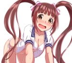  all_fours bangs bikini blunt_bangs blush breasts brown_eyes brown_hair butt_crack cleavage collarbone dan_(orange_train) embarrassed eyebrows_visible_through_hair floating_hair front-tie_top hair_ribbon hanging_breasts idolmaster idolmaster_million_live! long_hair matsuda_arisa medium_breasts open_clothes open_mouth open_shirt ribbon shiny shiny_skin shirt short_sleeves side-tie_bikini simple_background solo striped striped_ribbon sweatdrop swimsuit twintails very_long_hair white_background white_bikini white_shirt 