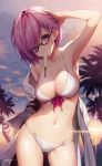  arm_up armpits bikini black-framed_eyewear blush breasts cleavage cloud collarbone cowboy_shot fate/grand_order fate_(series) food food_in_mouth glasses hair_over_one_eye hand_in_hair highres jacket large_breasts legs_apart long_sleeves looking_at_viewer mash_kyrielight mouth_hold navel necomi off_shoulder open_clothes open_jacket open_mouth palm_tree popsicle purple_eyes purple_hair short_hair signature sky solo standing stomach sun swimsuit swimsuit_of_perpetual_summer tree twilight white_bikini 